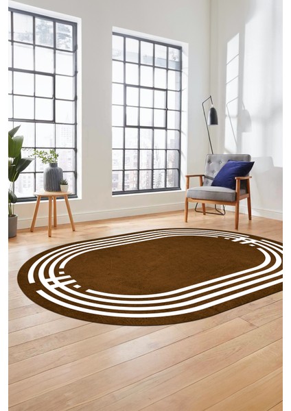 Dijital Kaymaz Yıkanabilir Modern Şık Çerçeveli Oval Yolluk Salon Halısı, O-Çerçeveli-44-Kahve, fırsatları