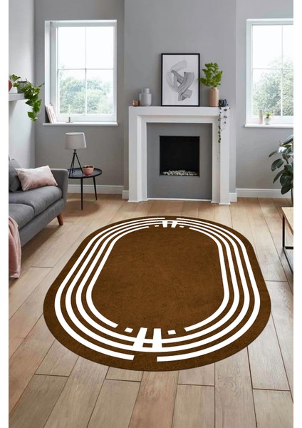 Dijital Kaymaz Yıkanabilir Modern Şık Çerçeveli Oval Yolluk Salon Halısı, O-Çerçeveli-44-Kahve, indirimleri