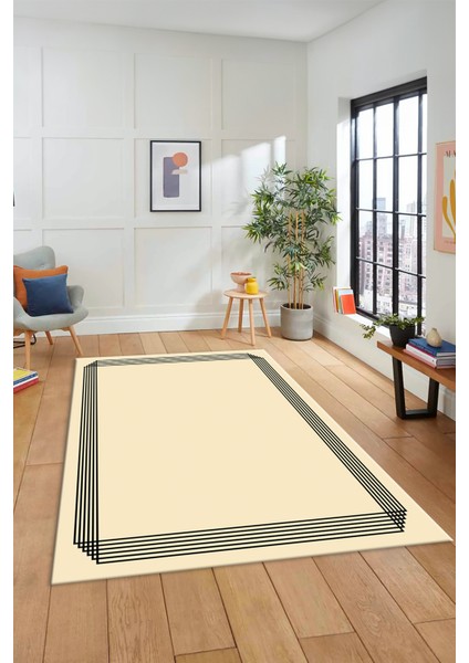 Dijital Baskılı Kaymaz Yıkanabilir Modern Sade Çerçeveli Yolluk Salon Halısı, Çerçeveli-45-Krem, fiyatları
