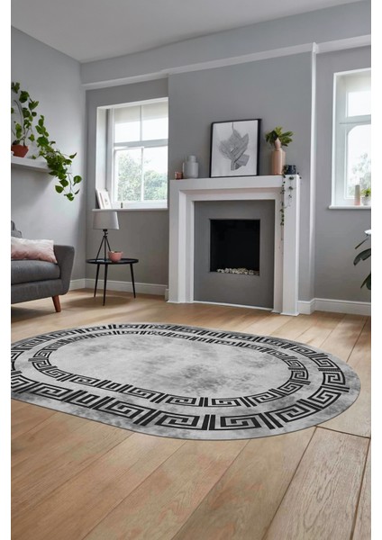 Dijital Kaymaz Taban Yıkanabilir Çerçeveli Oval Mutfak Salon Halısı, O-Çerçeveli-05-Gri, fırsatları