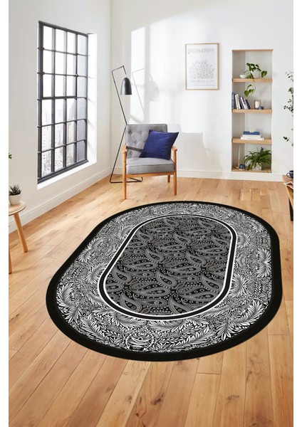 Çiçekli Tasarım Yıkanabilir Kaymaz Taban Çerçeveli Oval Mutfak Salon Halısı, O-Çerçeveli-37-Siyah,