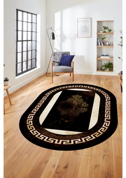 Dijital Kaymaz Yıkanabilir Çerçeveli Yolluk Oval Mutfak Salon Halısı, O-Çerçeveli-02-Kahve,