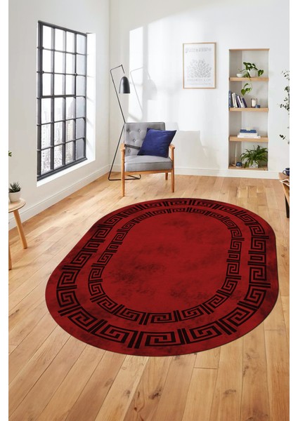 Dijital Kaymaz Taban Yıkanabilir Çerçeveli Oval Mutfak Salon Halısı, O-Çerçeveli-05-Bordo,