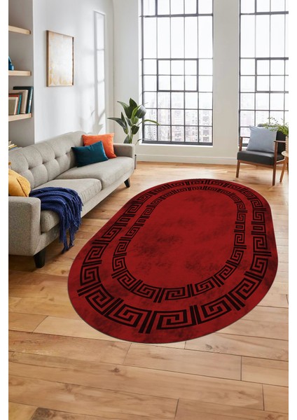 Dijital Kaymaz Taban Yıkanabilir Çerçeveli Oval Mutfak Salon Halısı, O-Çerçeveli-05-Bordo, indirimleri