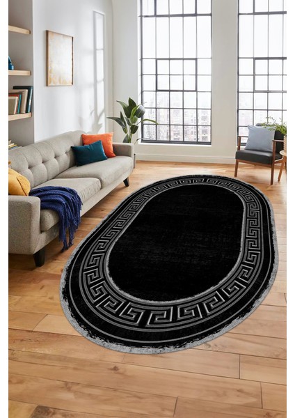 Yeni Tasarım Çerçeve Desenli Modern Yıkanabilir Mutfak Oval Salon Halısı, O-Çerçeveli-09-Siyah, fırsatları