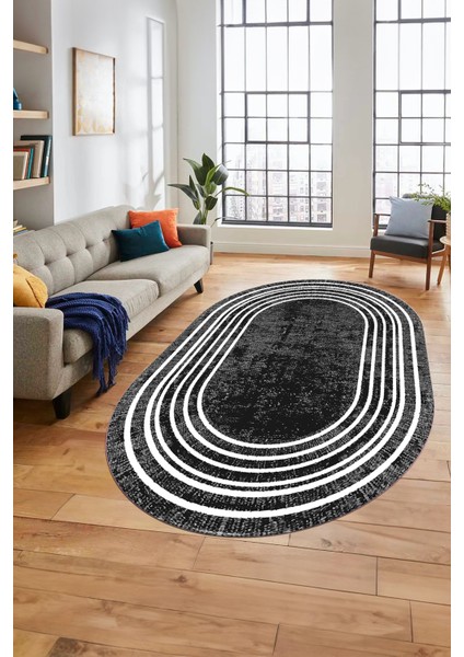 Dijital Kaymaz Yıkanabilir Çerçeveli Yolluk Mutfak Oval Salon Halısı, O-Çerçeveli-08-Antrasit, indirimleri