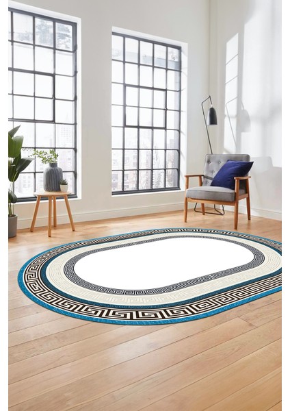 Dijital Kaymaz Yıkanabilir Çerçeveli Şık Tasarım Oval Mutfak Salon Halısı, O-Çerçeveli-03-Mavi, fiyatları
