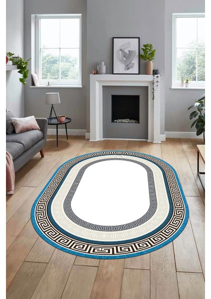 Dijital Kaymaz Yıkanabilir Çerçeveli Şık Tasarım Oval Mutfak Salon Halısı, O-Çerçeveli-03-Mavi, modelleri