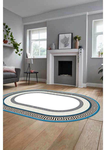 Dijital Kaymaz Yıkanabilir Çerçeveli Şık Tasarım Oval Mutfak Salon Halısı, O-Çerçeveli-03-Mavi, fırsatları