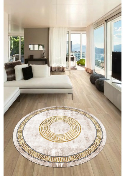 Sade Tasarım Çerçeve Desen Modern Yıkanabilir Mutfak Yuvarlak Salon Halısı, Y-Çerçeveli-12-Krem,