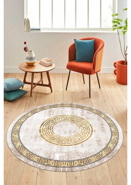 Sade Tasarım Çerçeve Desen Modern Yıkanabilir Mutfak Yuvarlak Salon Halısı, Y-Çerçeveli-12-Krem,