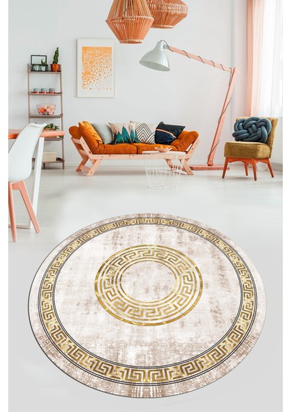 Sade Tasarım Çerçeve Desen Modern Yıkanabilir Mutfak Yuvarlak Salon Halısı, Y-Çerçeveli-12-Krem,
