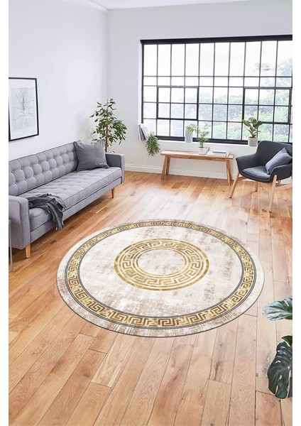 Sade Tasarım Çerçeve Desen Modern Yıkanabilir Mutfak Yuvarlak Salon Halısı, Y-Çerçeveli-12-Krem,