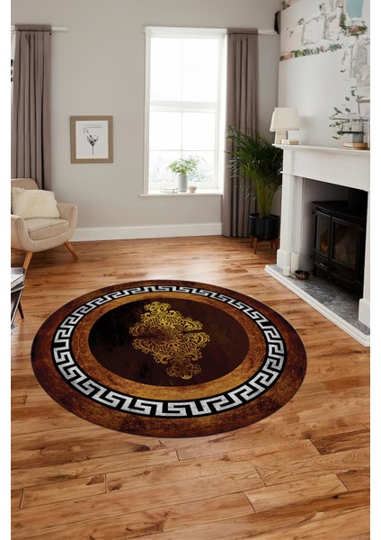 Dijital Kaymaz Yıkanabilir Çerçeveli Yolluk Yuvarlak Mutfak Salon Halısı, Y-Çerçeveli-02-Gold,