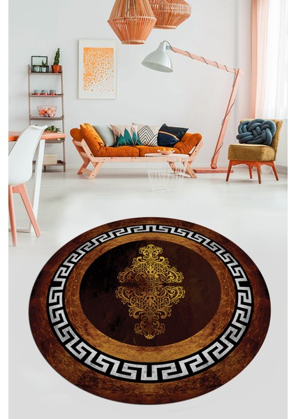 Dijital Kaymaz Yıkanabilir Çerçeveli Yolluk Yuvarlak Mutfak Salon Halısı, Y-Çerçeveli-02-Gold, fırsatları