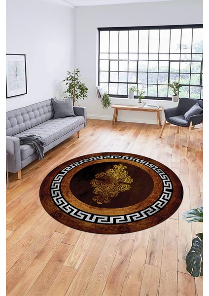 Dijital Kaymaz Yıkanabilir Çerçeveli Yolluk Yuvarlak Mutfak Salon Halısı, Y-Çerçeveli-02-Gold, indirimleri