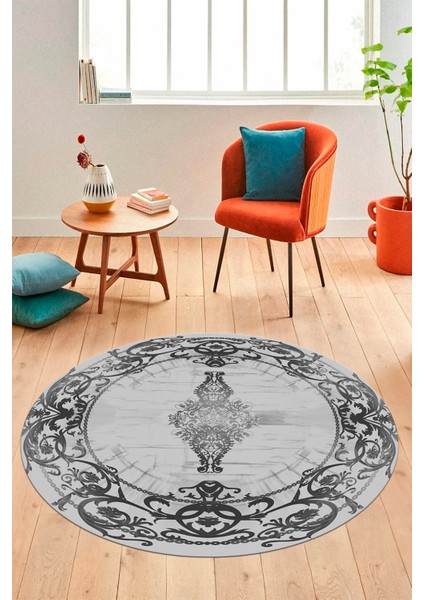 Klasik Çerçeve Desen Modern Yıkanabilir Yolluk Mutfak Yuvarlak Salon Halısı, Y-Çerçeveli-19-Gri,