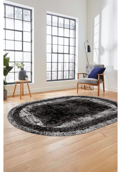 Sade Motifli Çerçeve Desen Modern Yıkanabilir Yolluk Mutfak Oval Salon Halısı, O-Çerçeveli-14-Siyah,