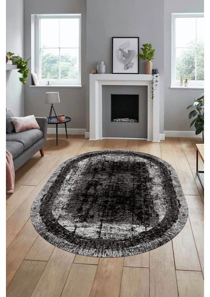 Sade Motifli Çerçeve Desen Modern Yıkanabilir Yolluk Mutfak Oval Salon Halısı, O-Çerçeveli-14-Siyah, fiyatları