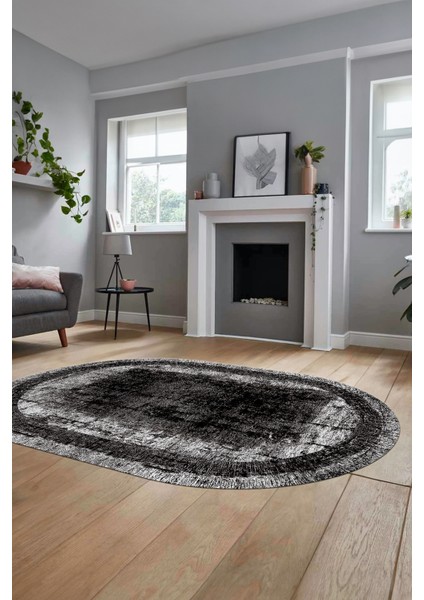 Sade Motifli Çerçeve Desen Modern Yıkanabilir Yolluk Mutfak Oval Salon Halısı, O-Çerçeveli-14-Siyah, modelleri