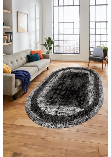 Sade Motifli Çerçeve Desen Modern Yıkanabilir Yolluk Mutfak Oval Salon Halısı, O-Çerçeveli-14-Siyah, fırsatları