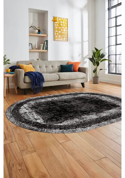 Sade Motifli Çerçeve Desen Modern Yıkanabilir Yolluk Mutfak Oval Salon Halısı, O-Çerçeveli-14-Siyah, indirimleri