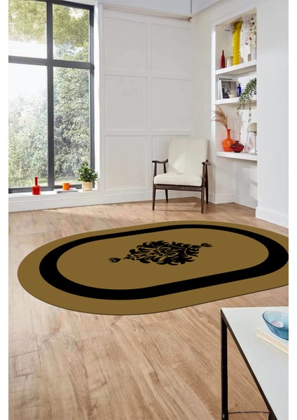 Dijital Kaymaz Yıkanabilir Göbekli Çerçeveli Oval Yolluk Salon Halısı, O-Çerçeveli-46-Kahve,