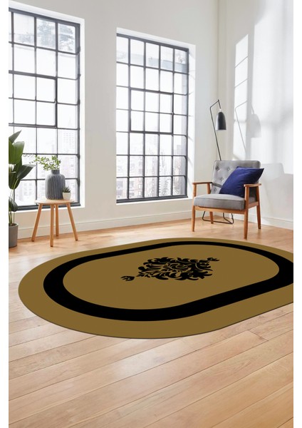 Dijital Kaymaz Yıkanabilir Göbekli Çerçeveli Oval Yolluk Salon Halısı, O-Çerçeveli-46-Kahve, modelleri