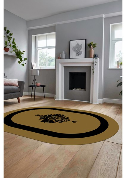 Dijital Kaymaz Yıkanabilir Göbekli Çerçeveli Oval Yolluk Salon Halısı, O-Çerçeveli-46-Kahve, indirimleri