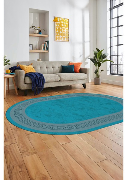 Sade Şık Çerçeve Desen Yıkanabilir Kaymaz Yolluk Mutfak Oval Salon Halısı, O-Çerçeveli-28-Mavi,
