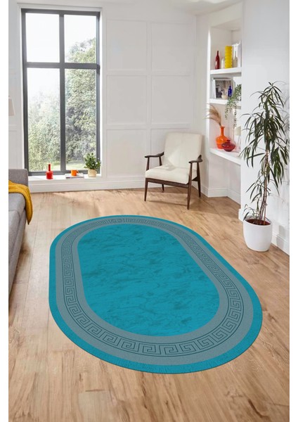 Sade Şık Çerçeve Desen Yıkanabilir Kaymaz Yolluk Mutfak Oval Salon Halısı, O-Çerçeveli-28-Mavi,