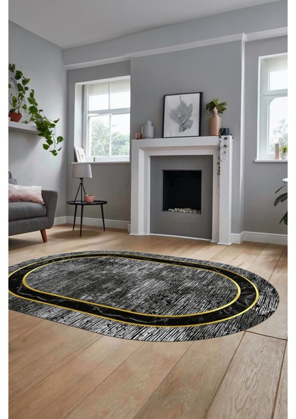 Mermer Çerçeve Desen Modern Yıkanabilir Yolluk Mutfak Oval Salon Halısı, O-Çerçeveli-18-Gri,