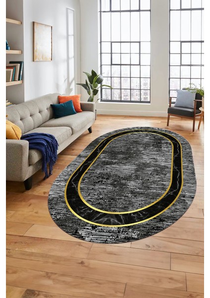 Mermer Çerçeve Desen Modern Yıkanabilir Yolluk Mutfak Oval Salon Halısı, O-Çerçeveli-18-Gri,