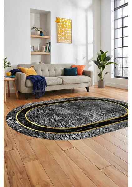 Mermer Çerçeve Desen Modern Yıkanabilir Yolluk Mutfak Oval Salon Halısı, O-Çerçeveli-18-Gri,