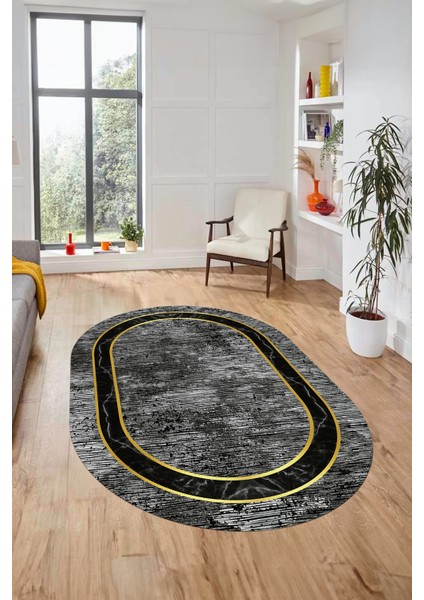 Mermer Çerçeve Desen Modern Yıkanabilir Yolluk Mutfak Oval Salon Halısı, O-Çerçeveli-18-Gri,