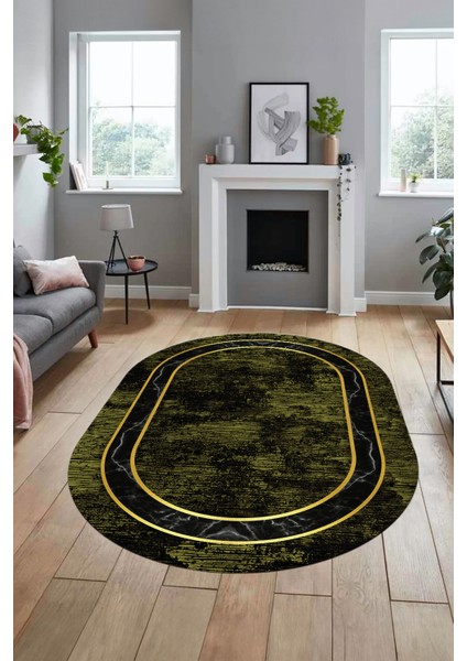 Mermer Çerçeve Desen Modern Yıkanabilir Yolluk Mutfak Oval Salon Halısı, O-Çerçeveli-18-Yeşil,