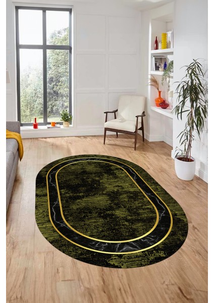 Mermer Çerçeve Desen Modern Yıkanabilir Yolluk Mutfak Oval Salon Halısı, O-Çerçeveli-18-Yeşil, indirimleri