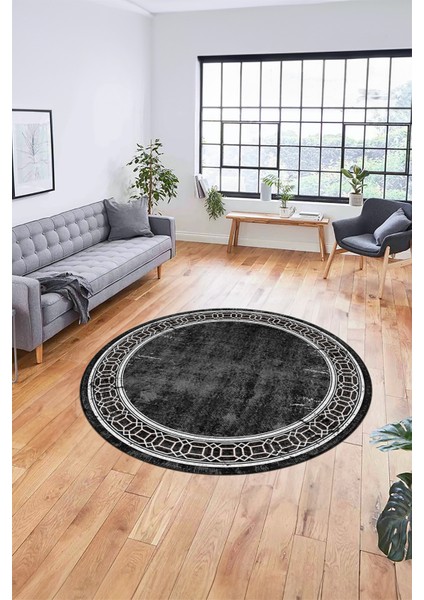 Çerçeve Zincir Desen Yıkanabilir Kaymaz Yolluk Mutfak Yuvarlak Salon Halısı, Y-Çerçeve-31-Antrasit,