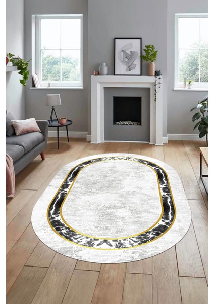 Mermer Çerçeve Desen Modern Yıkanabilir Yolluk Mutfak Oval Salon Halısı, O-Çerçeveli-18-Krem,