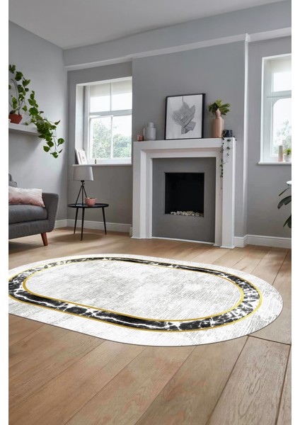 Mermer Çerçeve Desen Modern Yıkanabilir Yolluk Mutfak Oval Salon Halısı, O-Çerçeveli-18-Krem,