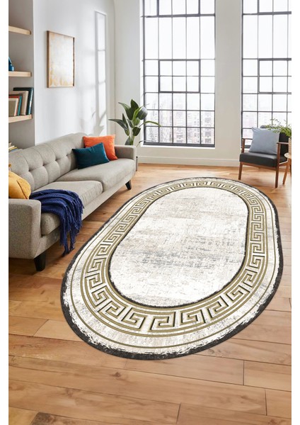 Yeni Tasarım Çerçeve Desenli Modern Yıkanabilir Mutfak Oval Salon Halısı, O-Çerçeveli-09-Gold, fırsatları