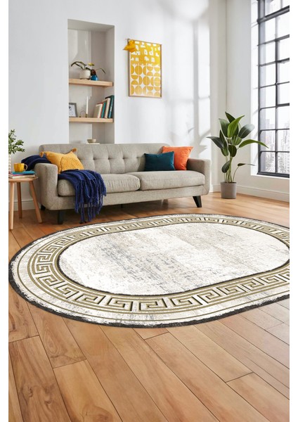 Yeni Tasarım Çerçeve Desenli Modern Yıkanabilir Mutfak Oval Salon Halısı, O-Çerçeveli-09-Gold, indirimleri