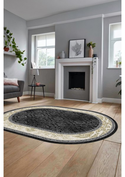 Şık Çerçeve Desenli Modern Yıkanabilir Yolluk Mutfak Oval Salon Halısı, O-Çerçeveli-21-Antrasit,