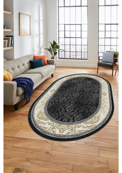 Şık Çerçeve Desenli Modern Yıkanabilir Yolluk Mutfak Oval Salon Halısı, O-Çerçeveli-21-Antrasit, fiyatları