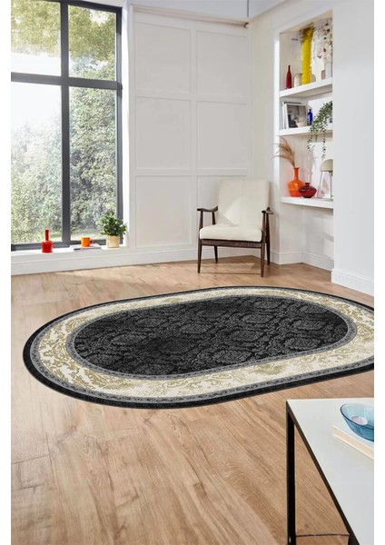 Şık Çerçeve Desenli Modern Yıkanabilir Yolluk Mutfak Oval Salon Halısı, O-Çerçeveli-21-Antrasit, indirimleri
