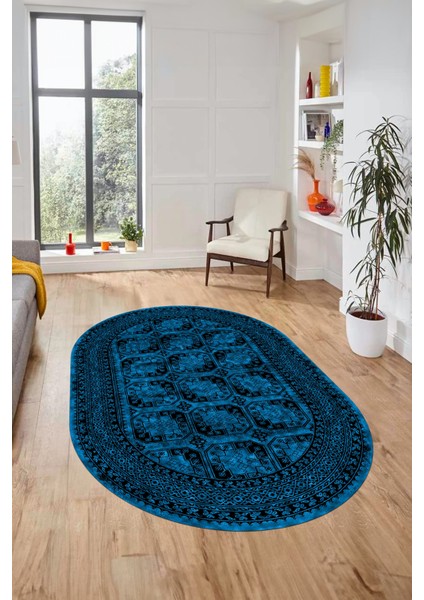 Etnik Çerçeve Desen Modern Yıkanabilir Yolluk Mutfak Oval Salon Halısı, O-Çerçeveli-20-Mavi, indirimleri