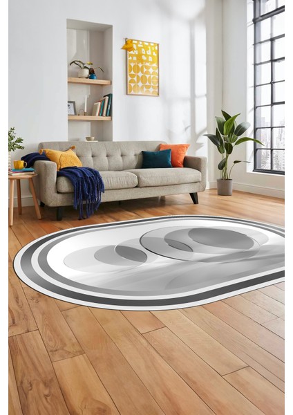 Modern Çerçeve Desen Yıkanabilir Kaymaz Yolluk Mutfak Oval Salon Halısı, O-Çerçeveli-24-Gri,