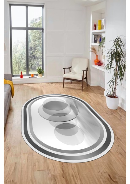 Modern Çerçeve Desen Yıkanabilir Kaymaz Yolluk Mutfak Oval Salon Halısı, O-Çerçeveli-24-Gri,