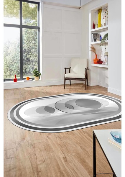 Modern Çerçeve Desen Yıkanabilir Kaymaz Yolluk Mutfak Oval Salon Halısı, O-Çerçeveli-24-Gri,