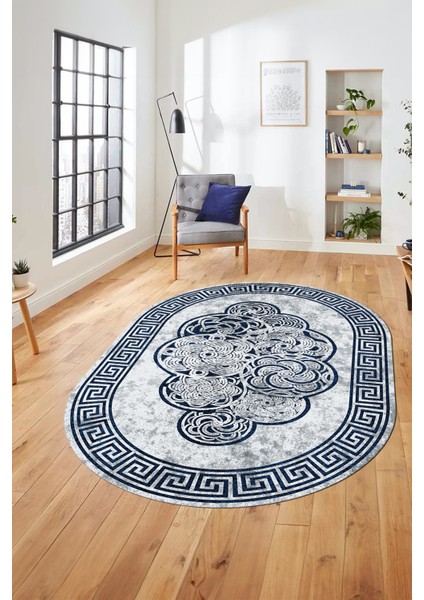 Dijital Kaymaz Yıkanabilir Modern Çerçeveli Oval Mutfak Salon Halısı, O-Çerçeveli-04-Mavi,